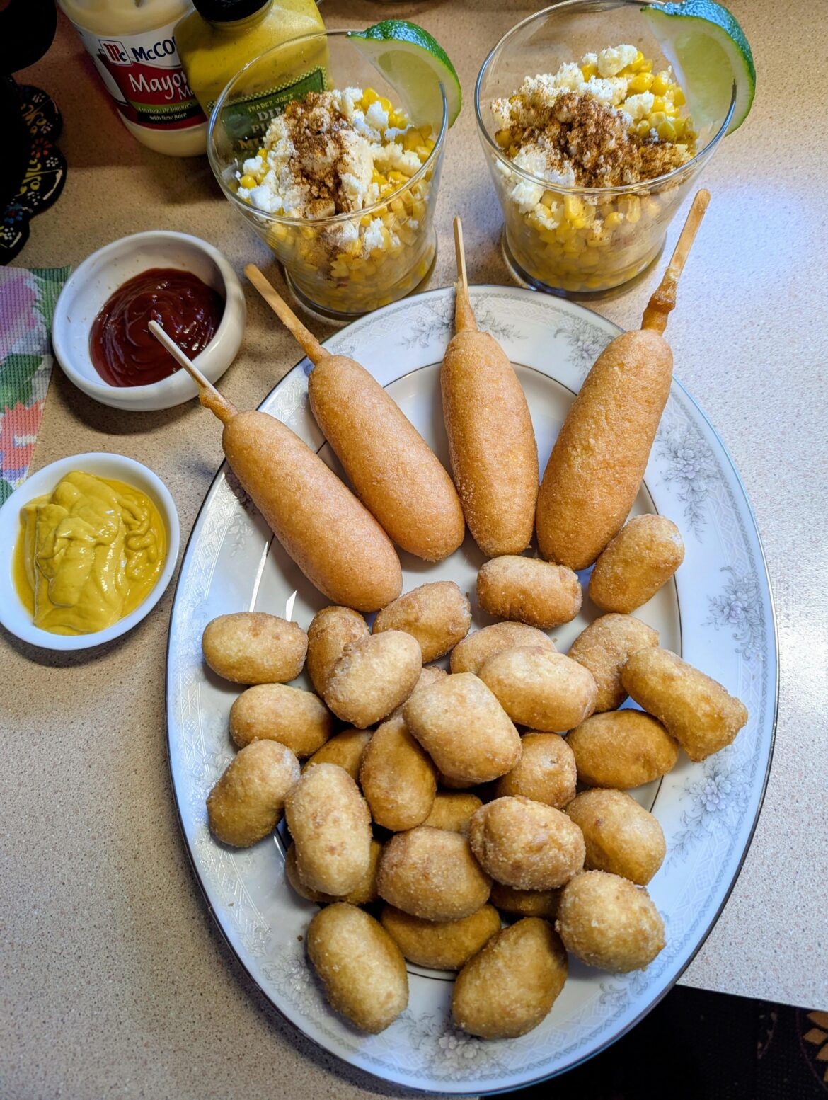 Corn dogs, corn puppies, and elotes after too much corn likker