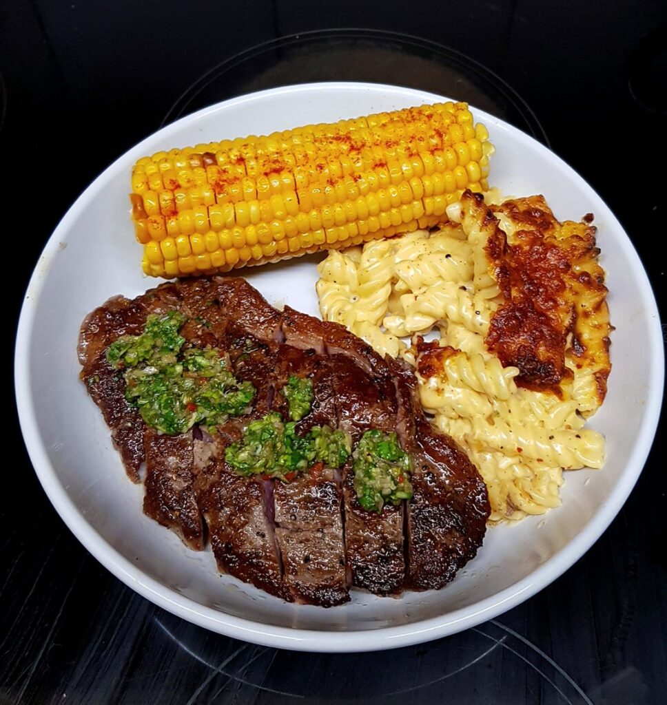 Sirloin Steak with Fresh Coriander Chimichurri, Spicy Mac (Fusilli) 'n' Cheese and Corn.