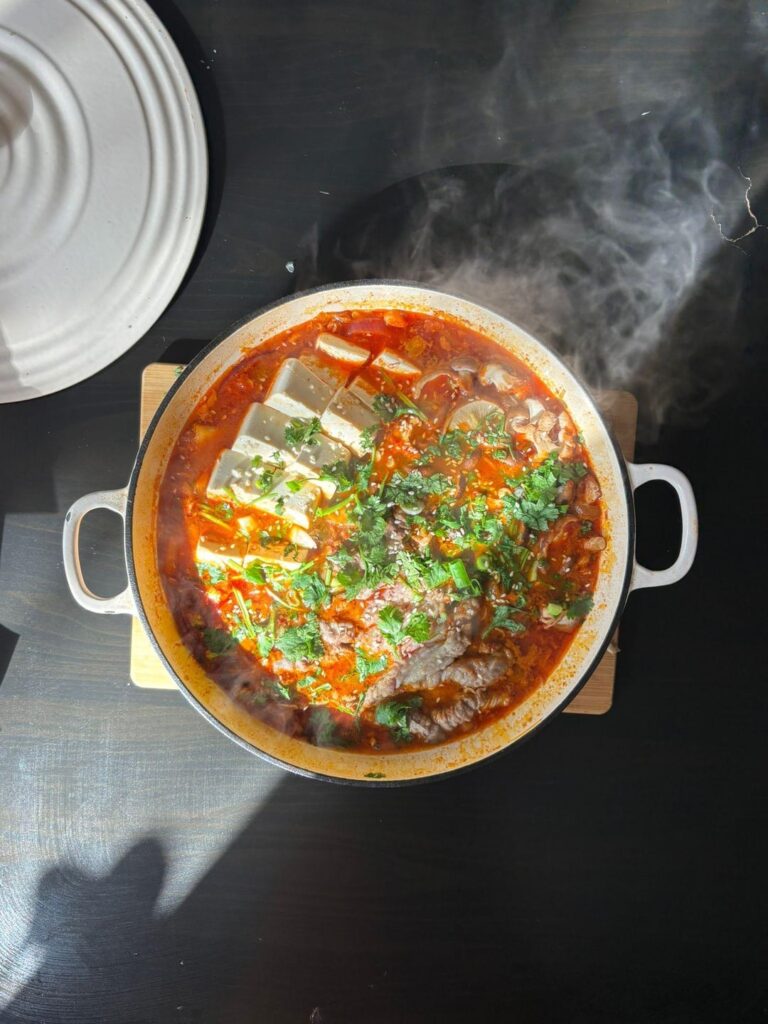 Kimchi Jigae with beef, Wild Mushrooms & Silken Tofu