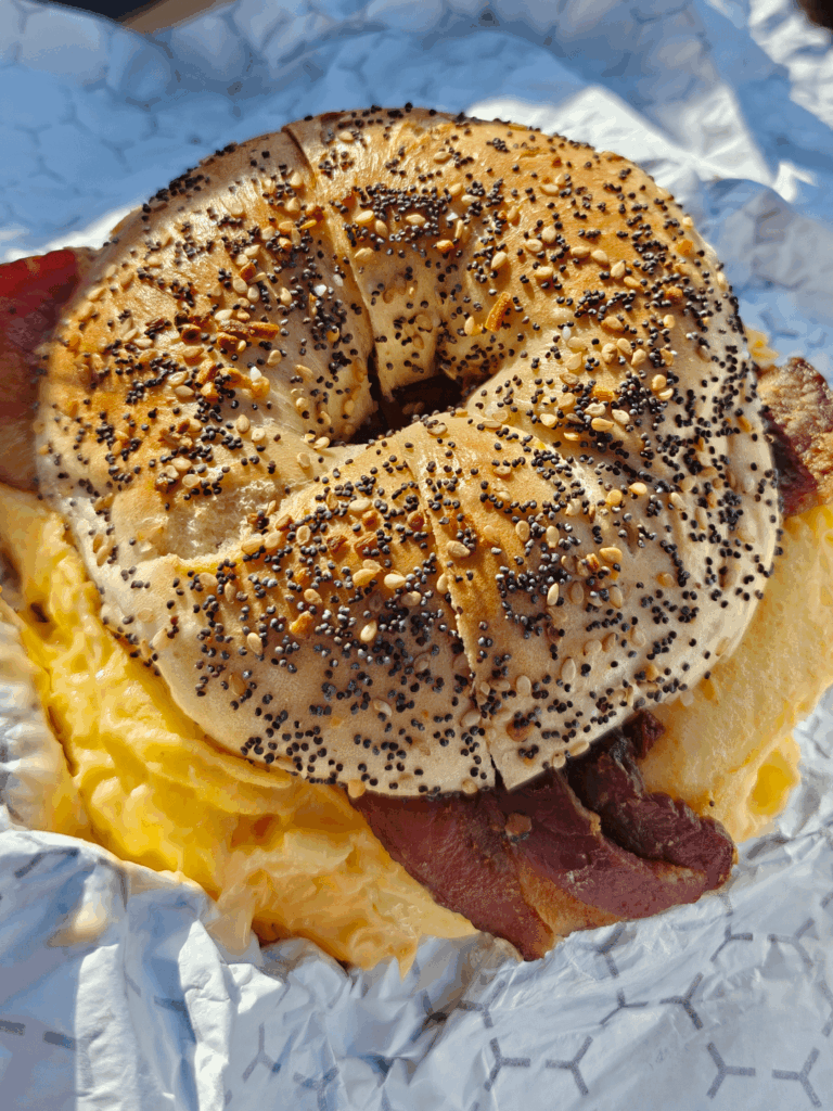 Bacon, egg and cheese on an everything bagel