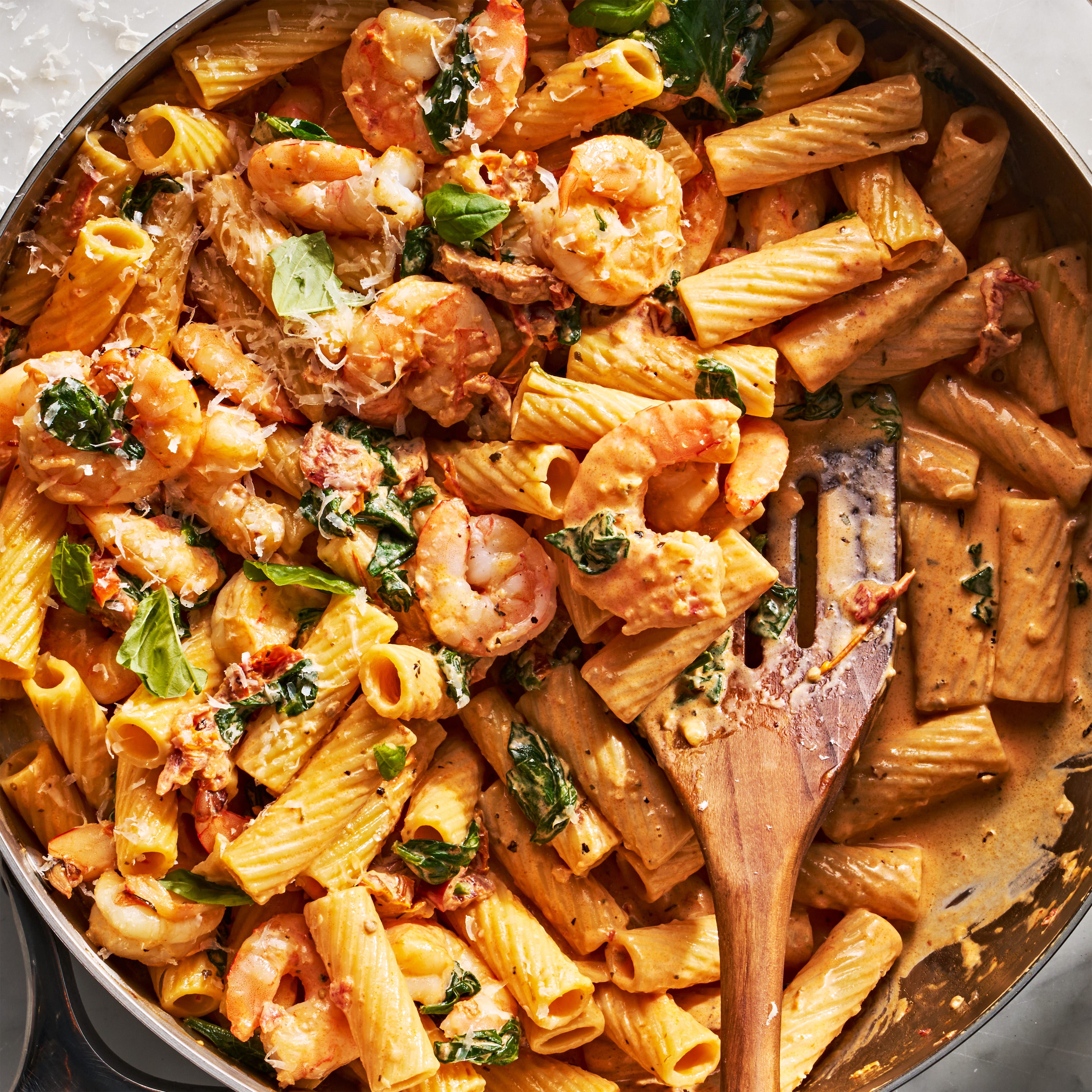 rigatoni tossed in a creamy sauce with shrimp