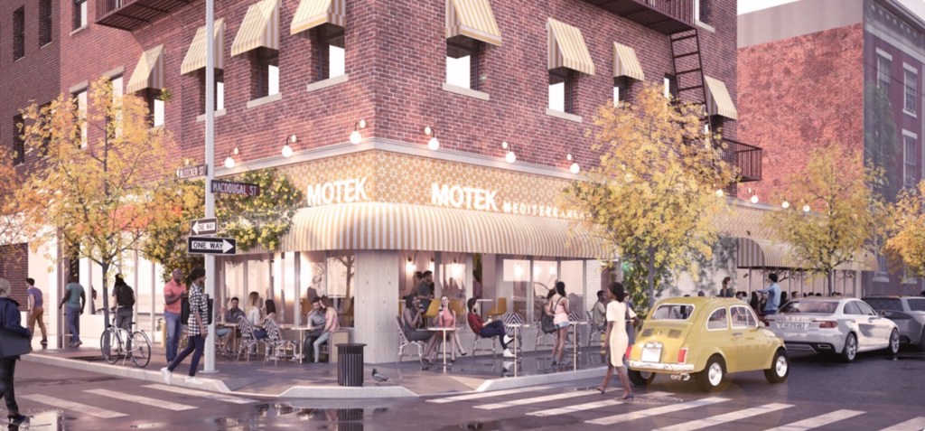 Illustration of the Motek Mediterranean restaurant at the corner of Bleecker Street and Macdougal Street.