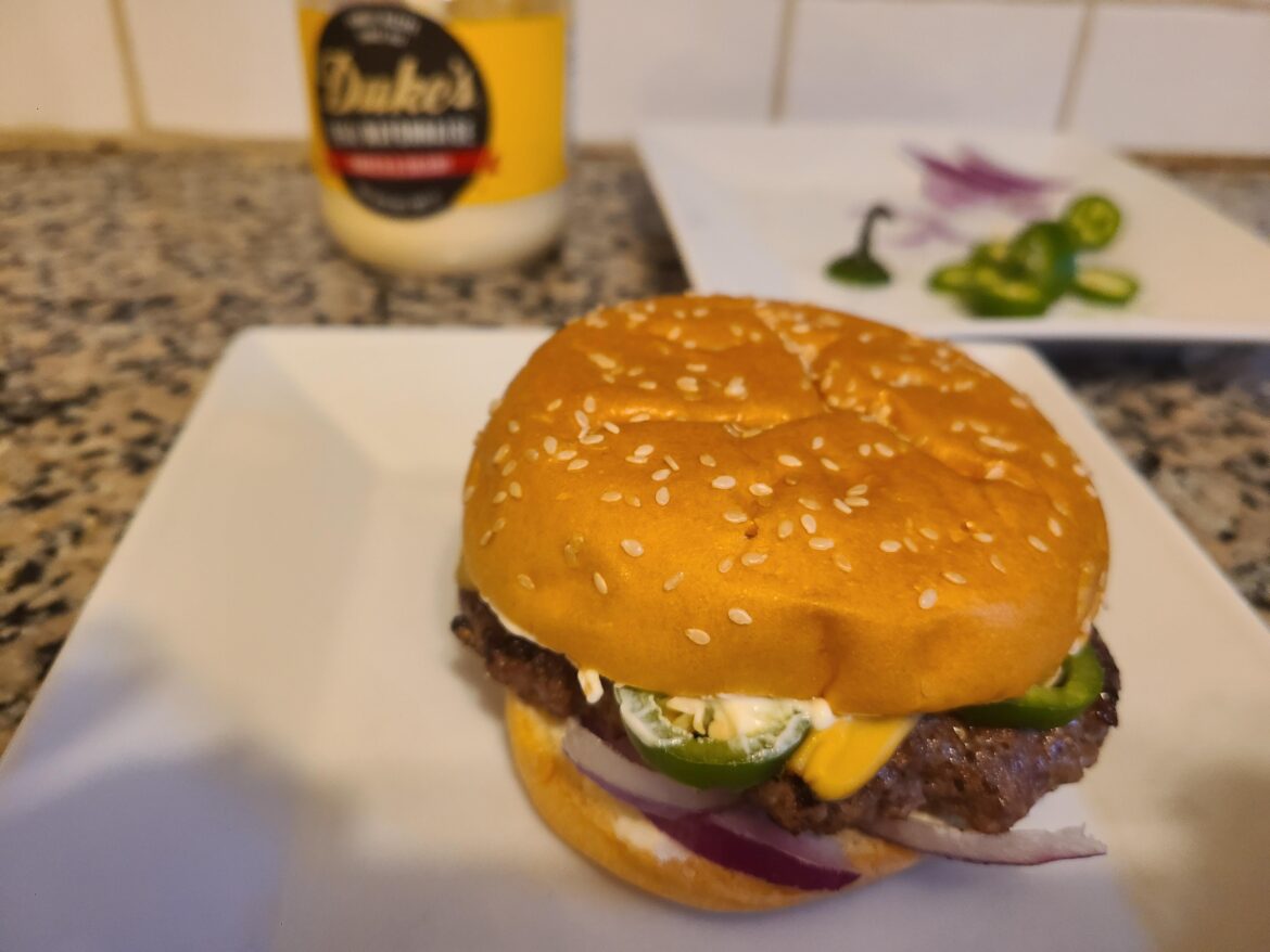 Fat 3rd pounder w Duke's, American cheese, fresh jalapeño, red onion, and spices