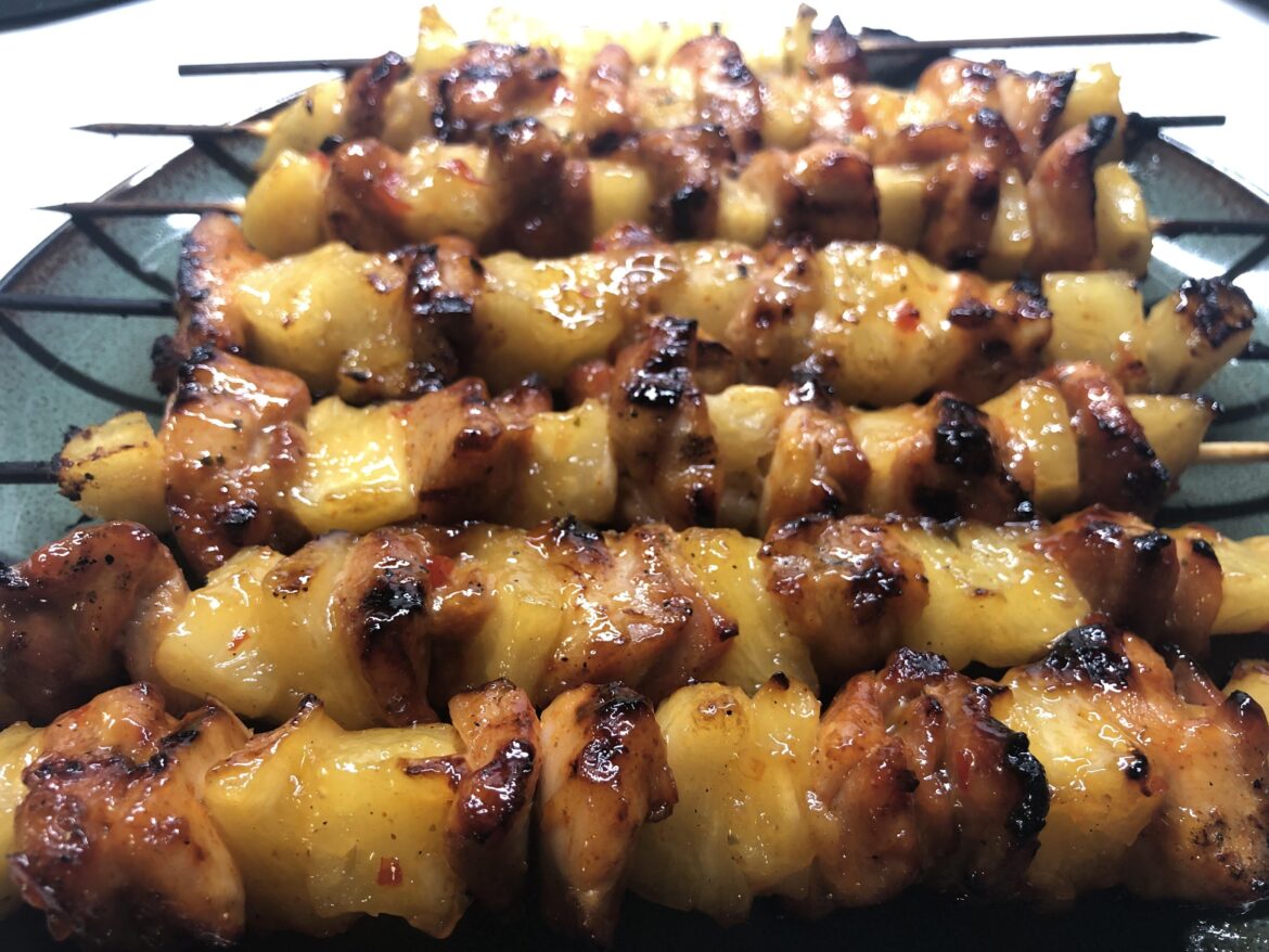 Chipotle seasoned chicken kabobs with pineapple.