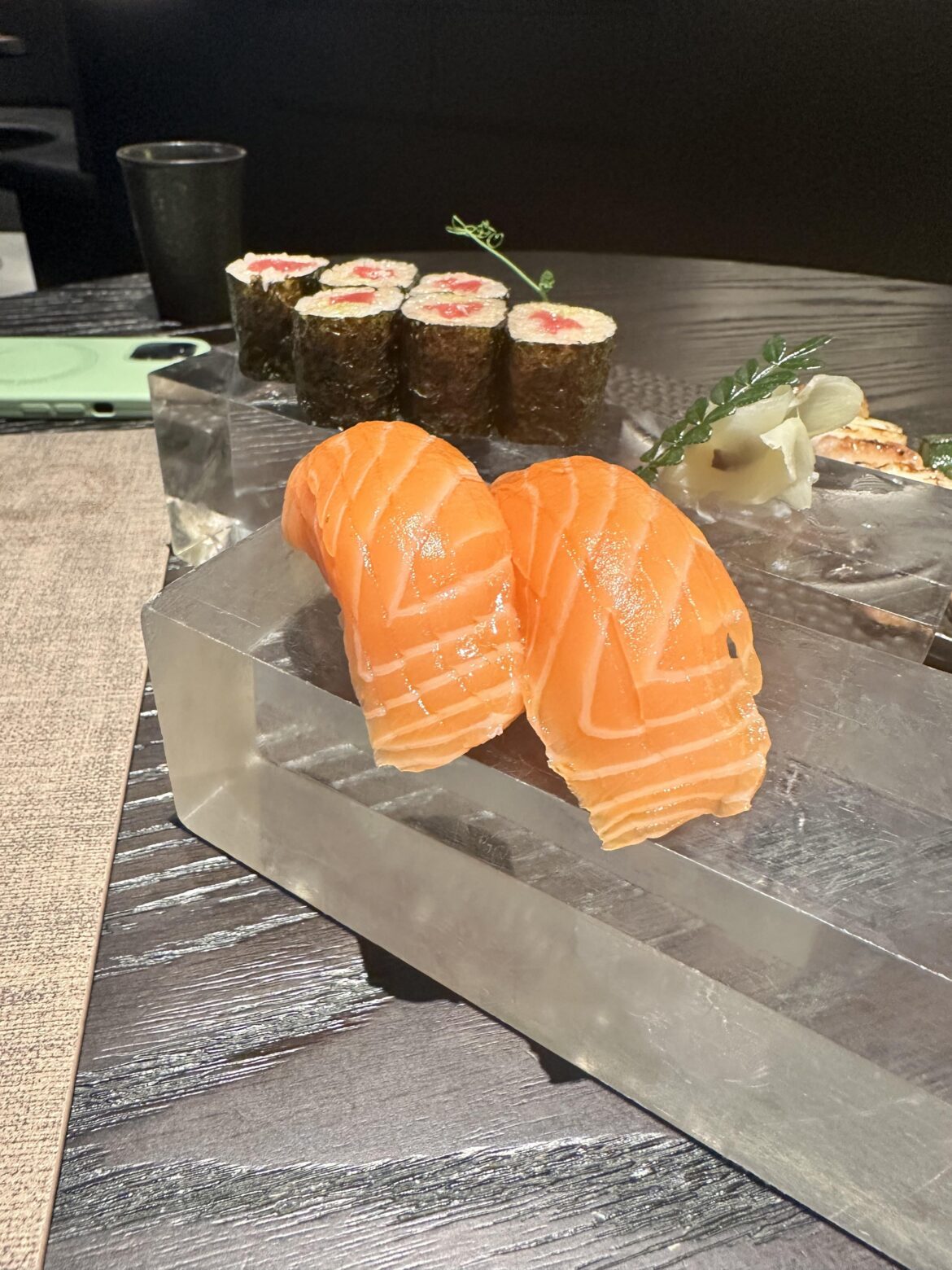 Sushi served on plastic blocks