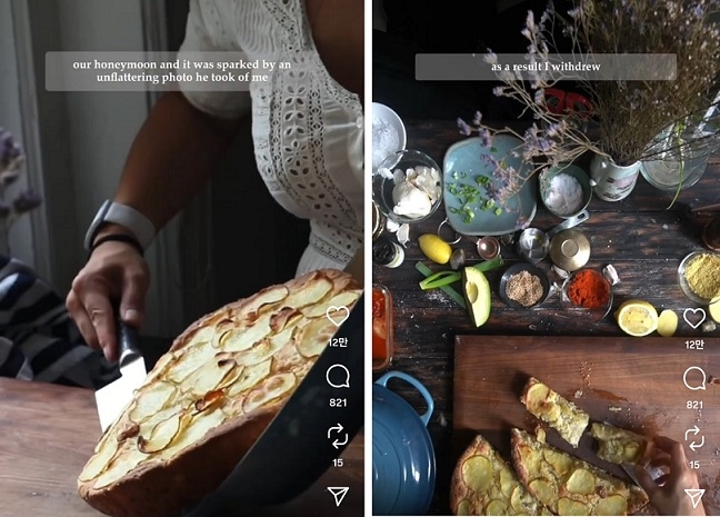 One of Molinaro’s Instagram videos shows her making potato bread while reflecting on a fight with her husband during their honeymoon and sharing her thoughts on appearances. (Instagram @thekoreanvegan)