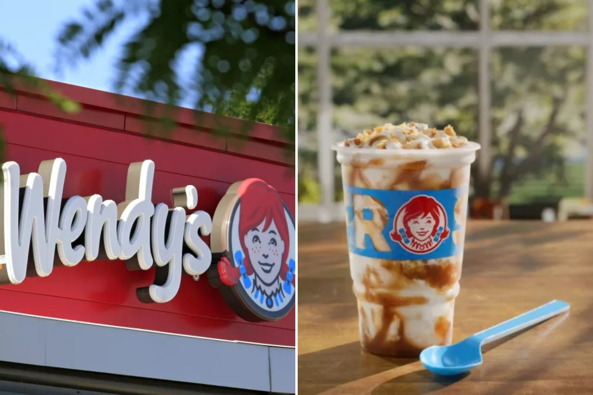 An image collage containing 2 images, Image 1 shows Wendy's restaurant signage in Brampton, Ontario, Image 2 shows NINTCHDBPICT001038052536