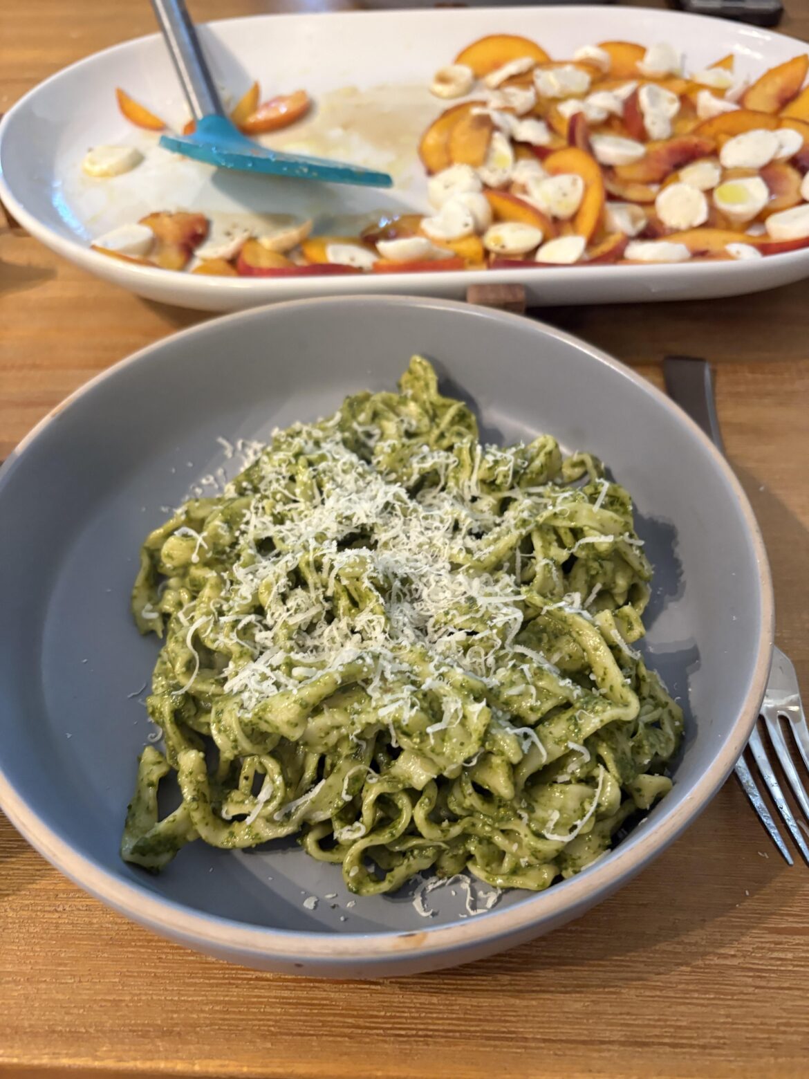 Freshly made fettuccini with homemade pesto!
