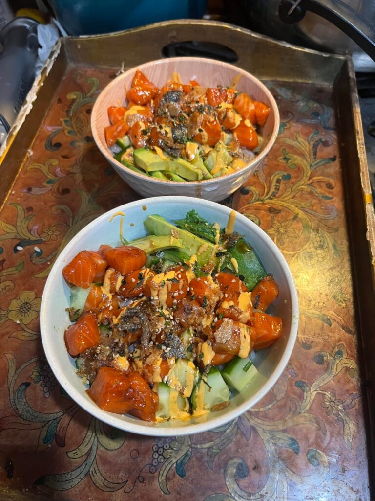 Tonight’s dinner is a spicy honey and teriyaki salmon bowl with crispy salmon skin on top