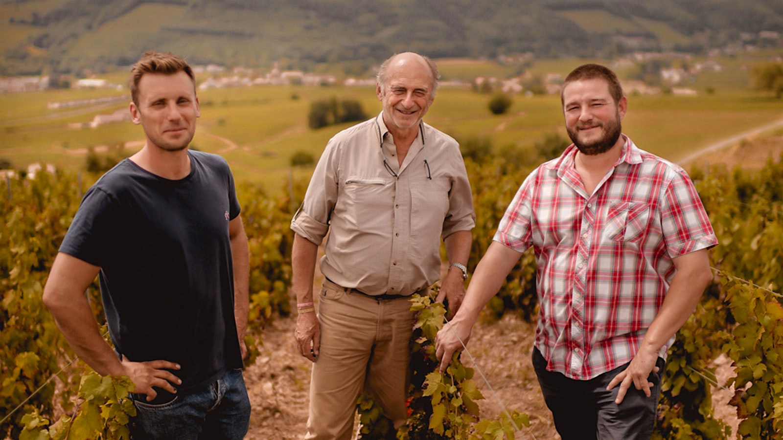 Estate manager Benjamin Rousset, owner Philippe Pascal and winemaker and co-owner Guillaume Marko, left to right, in the vineyards of Mont Bessay.