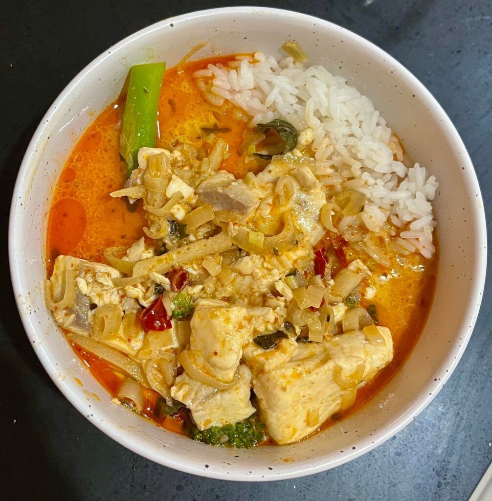 Red Thai curry with fresh fish caught by our neighbour