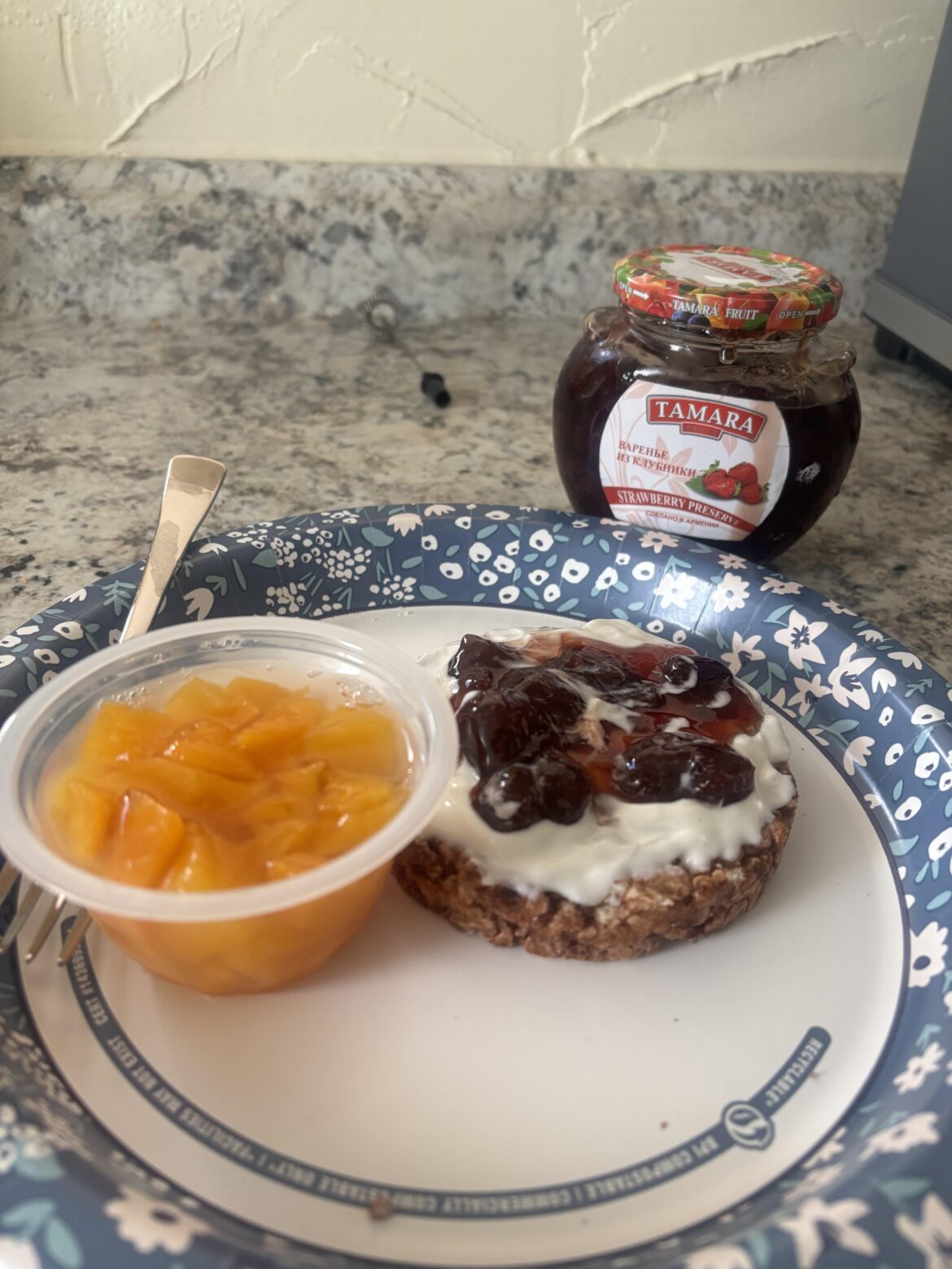 chocolate rice cake with Greek yogurt and strawberry jam + fruit cup