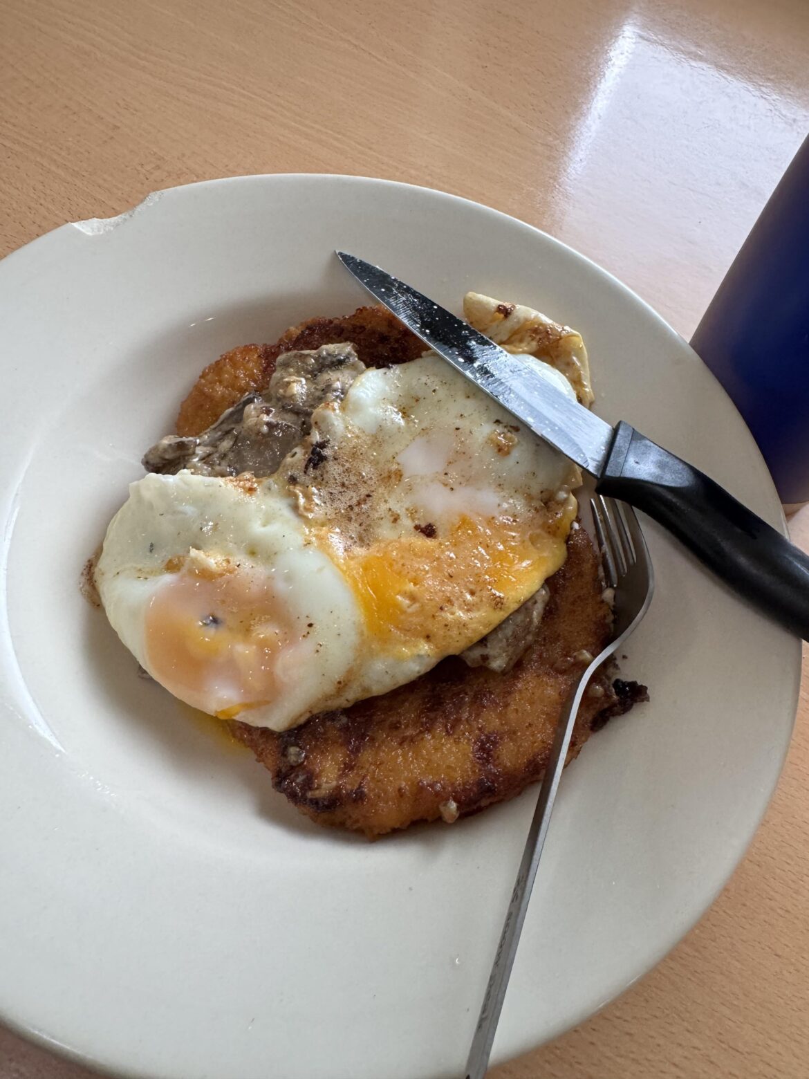 schnitzel, mushroom gravy, eggs