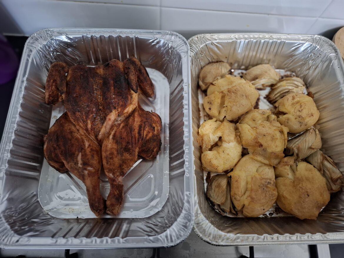 Spatchcock chicken with spuds and fennel.