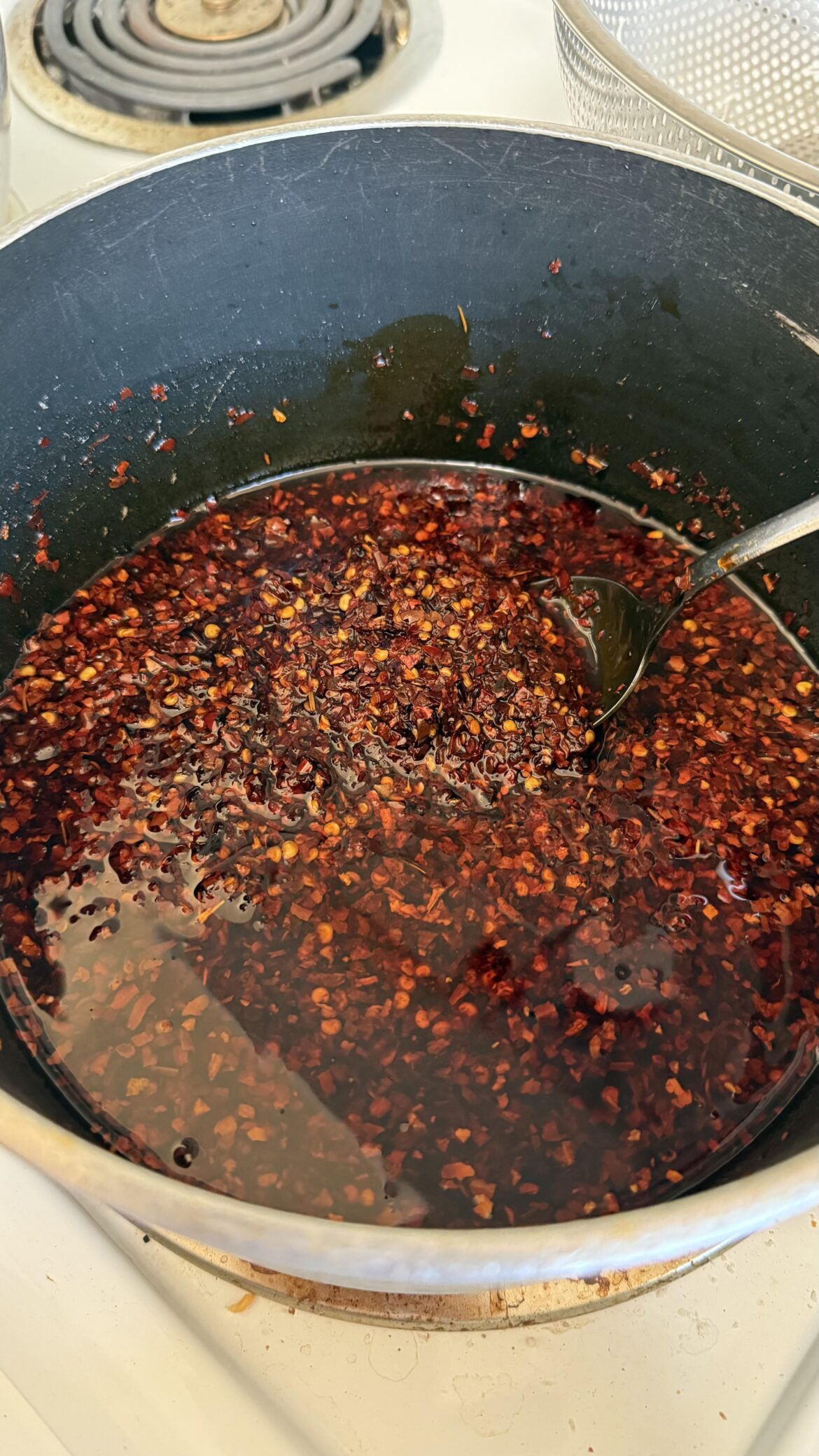 My mom’s fresh batch of chili crisp!