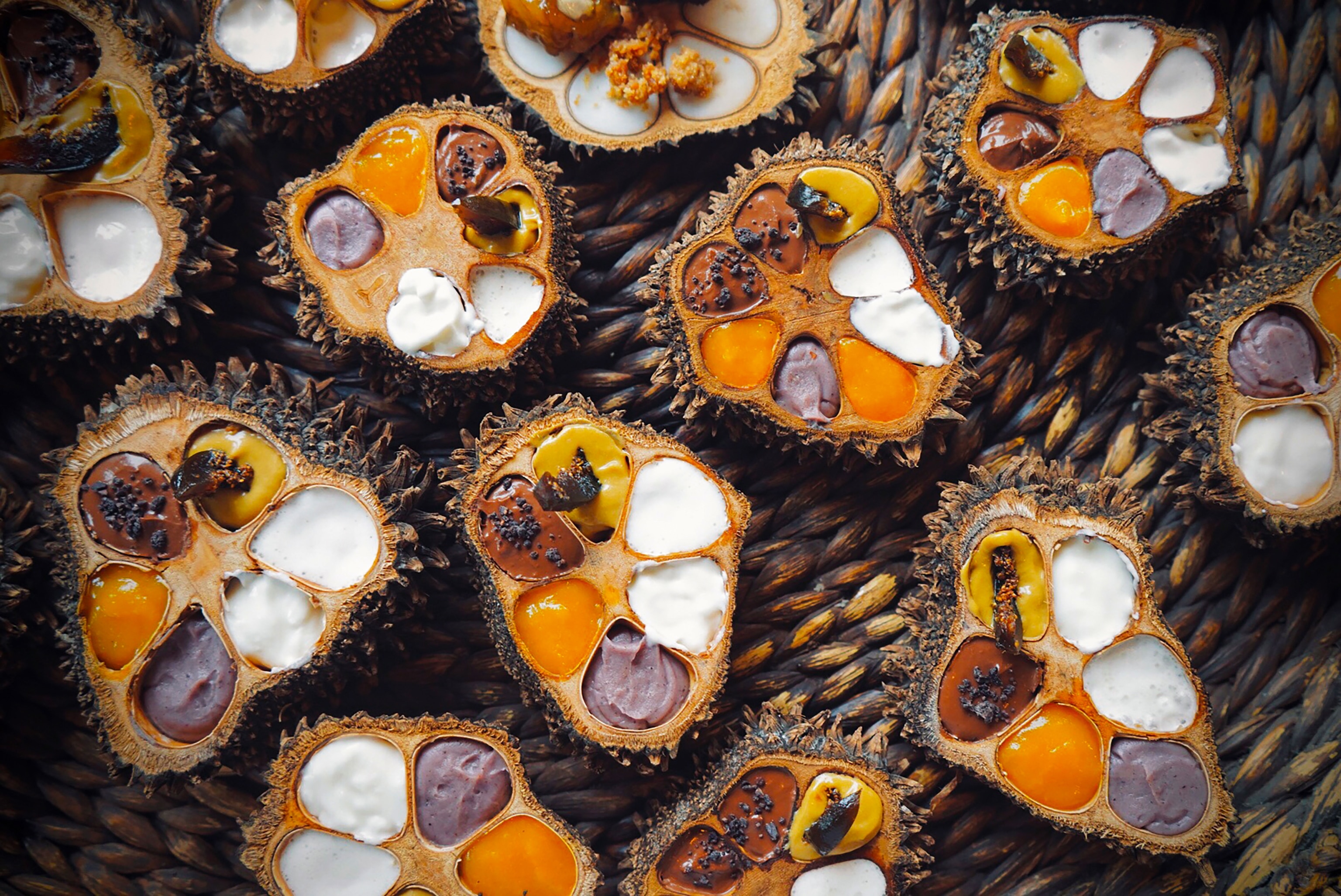 hollowed out tagua fruit used as vessels for desserts