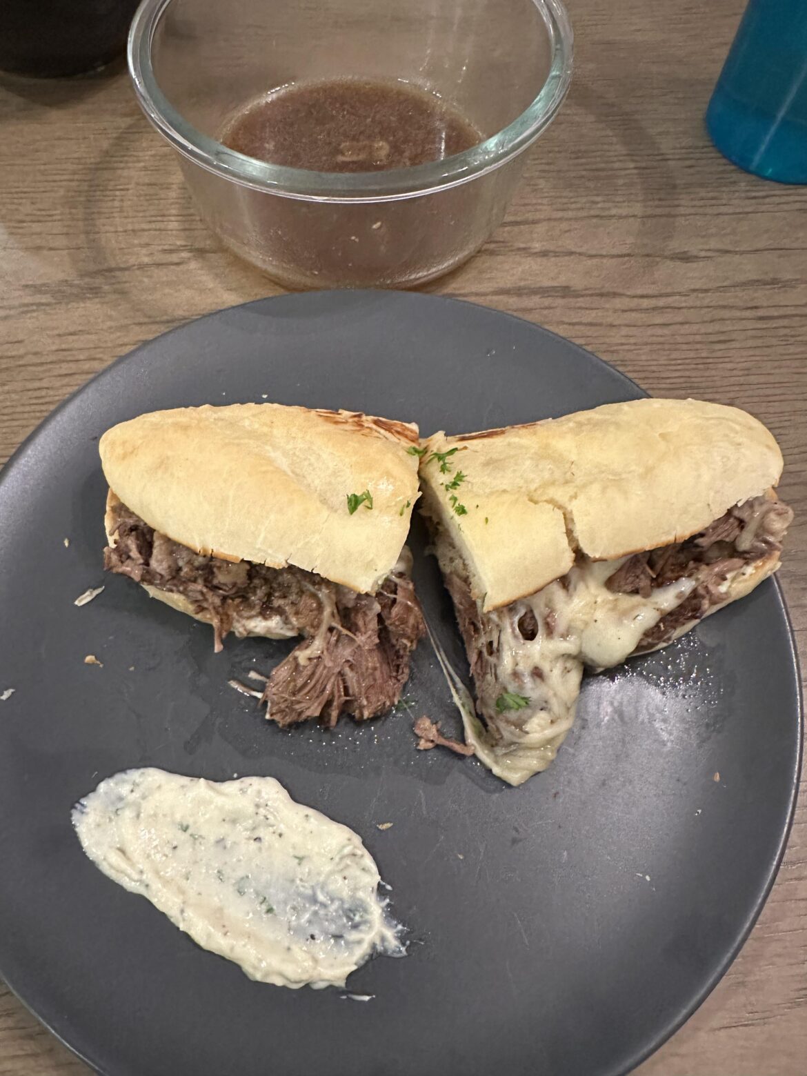 Pot Roast sandwich with homemade garlic horseradish aioli with auju dipping sauce