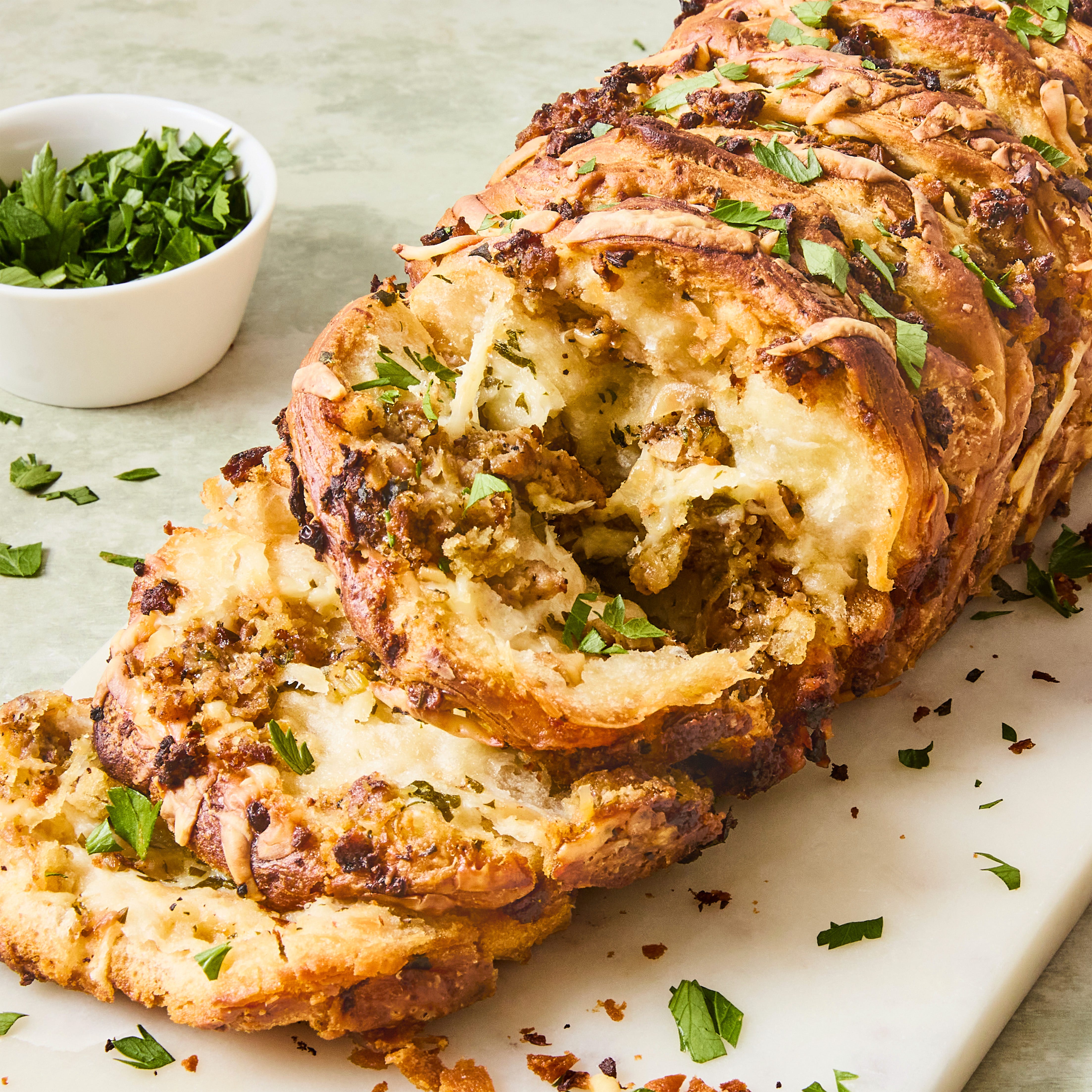 pull apart stuffing bread topped with herbs