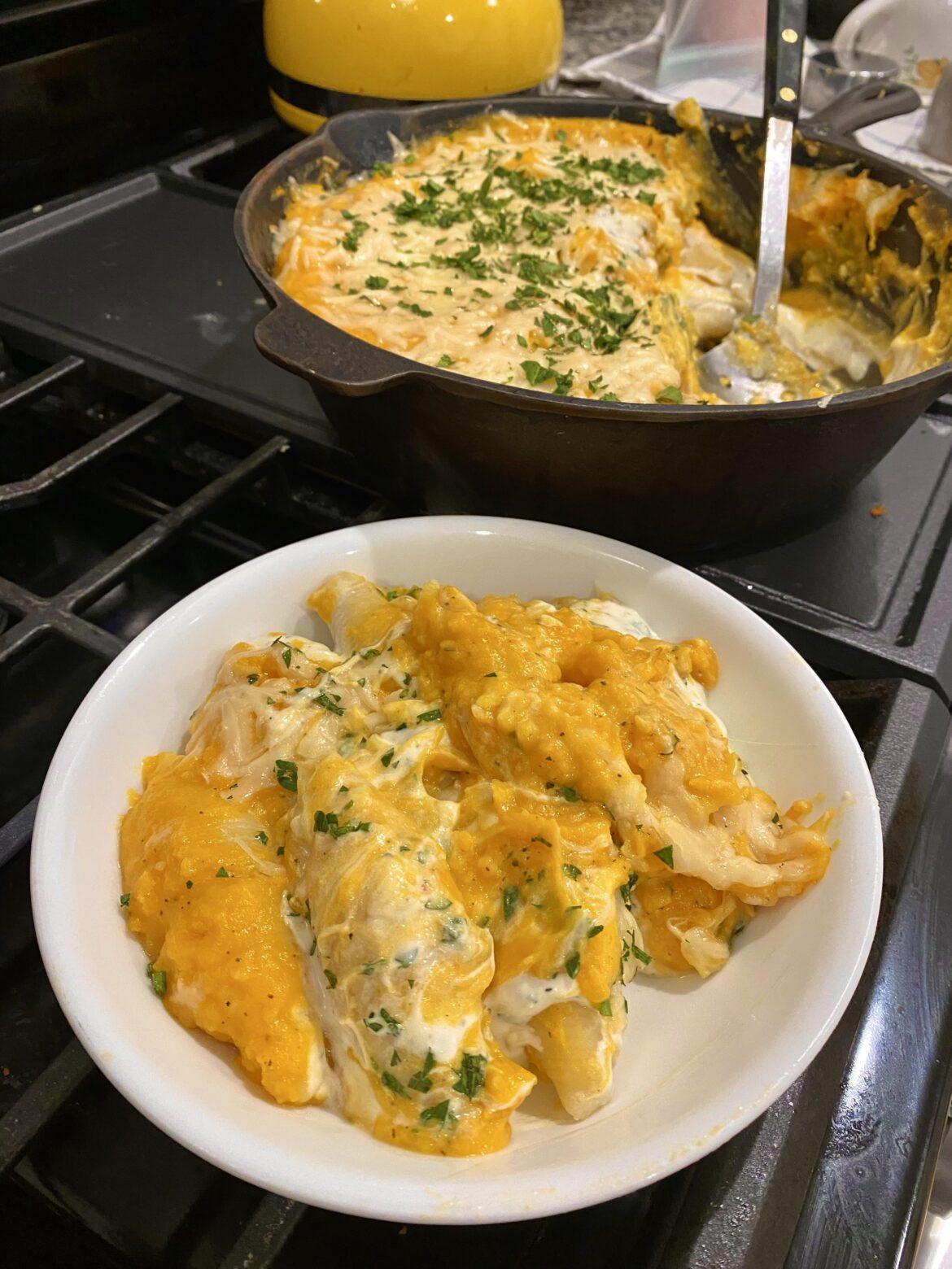 ricotta-filled jumbo shells with a butternut squash sauce