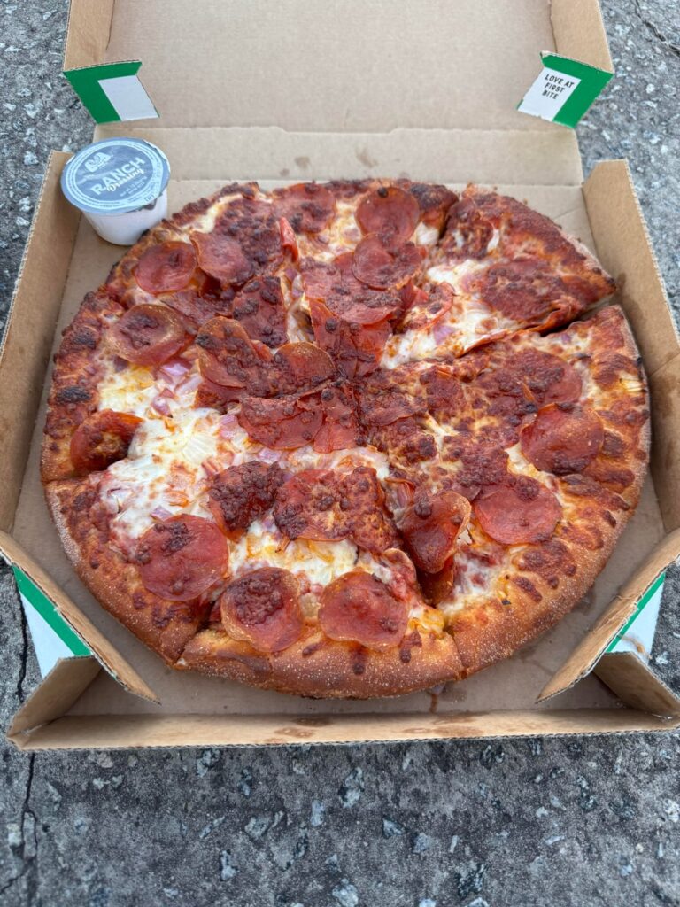 Pepperoni pizza with triple double onions (3x white & 3x red)