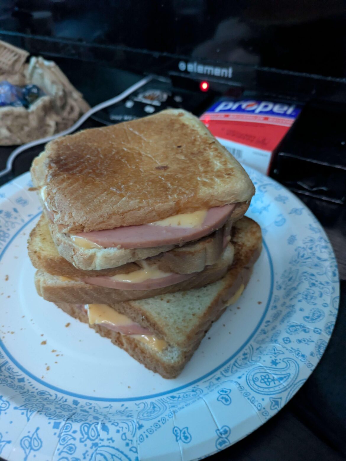 My brother made a grilled cheese bologna stack