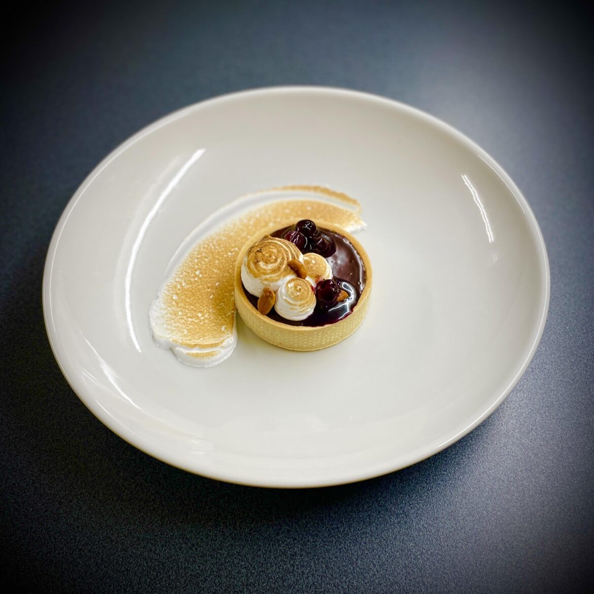 Chocolate Tart, Peanuts, Blueberries, Italian Meringue