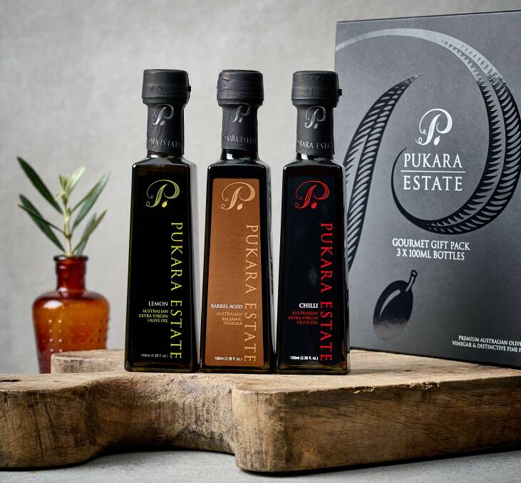 Gourmet Gift Pack of three 100ml Bottles ($48) of flavoured olive oils and balsamic vinegar. Picture David Griffen Photography