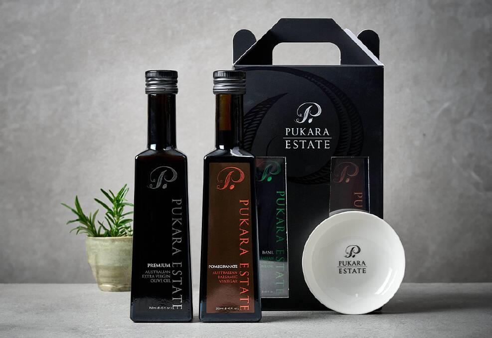 The Gift Pack of two 250ml Bottles of olive oil and balsamic vinegar with dipping bowl ($49). Picture supplied