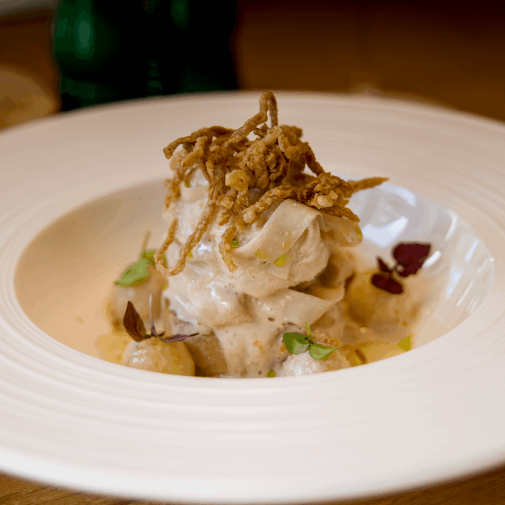Celeriac Fondant / Tagliatelle / Crunch and Granny Smith with Walnut Veloute and Lovage Oil