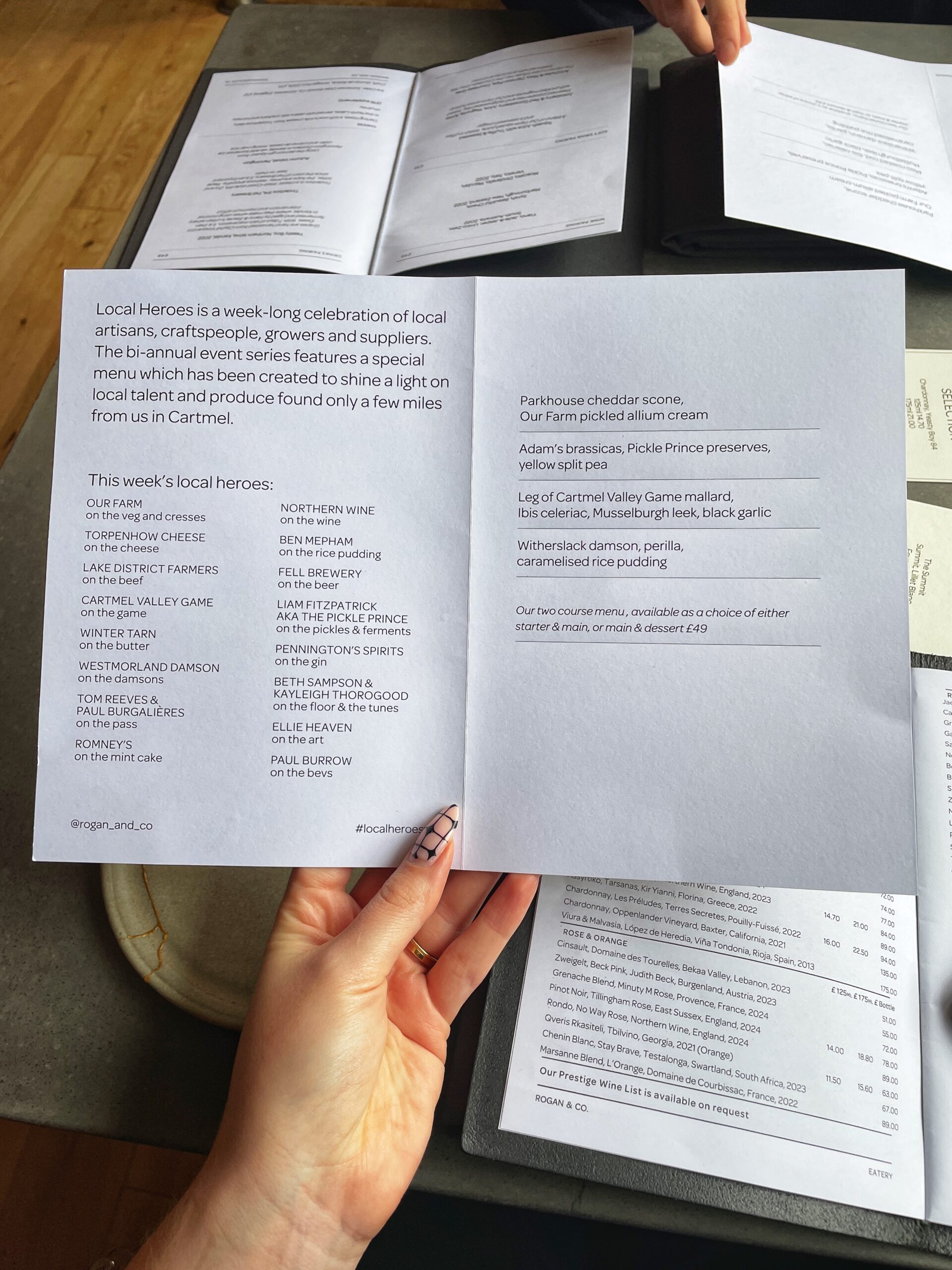 The Local Heroes menu at Rogan & Co