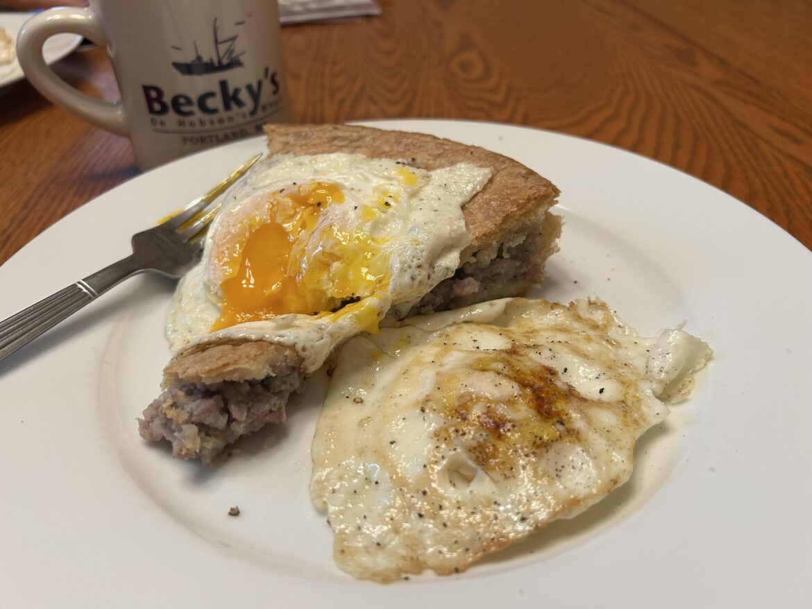 French-Canadian pork pie (tourtière), fried eggs