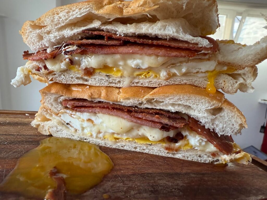 Tried spam for the first time today.  3 eggs, spam, and cheese on a huge deli roll.