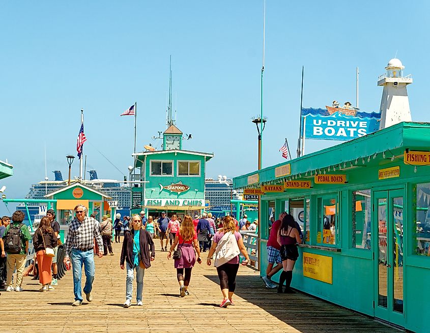 A crowded boardwalk in Avalon, California. 