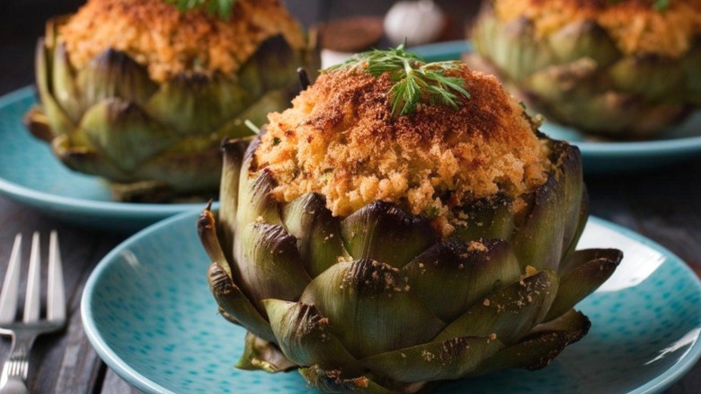 A dish of stuffed artichokes.