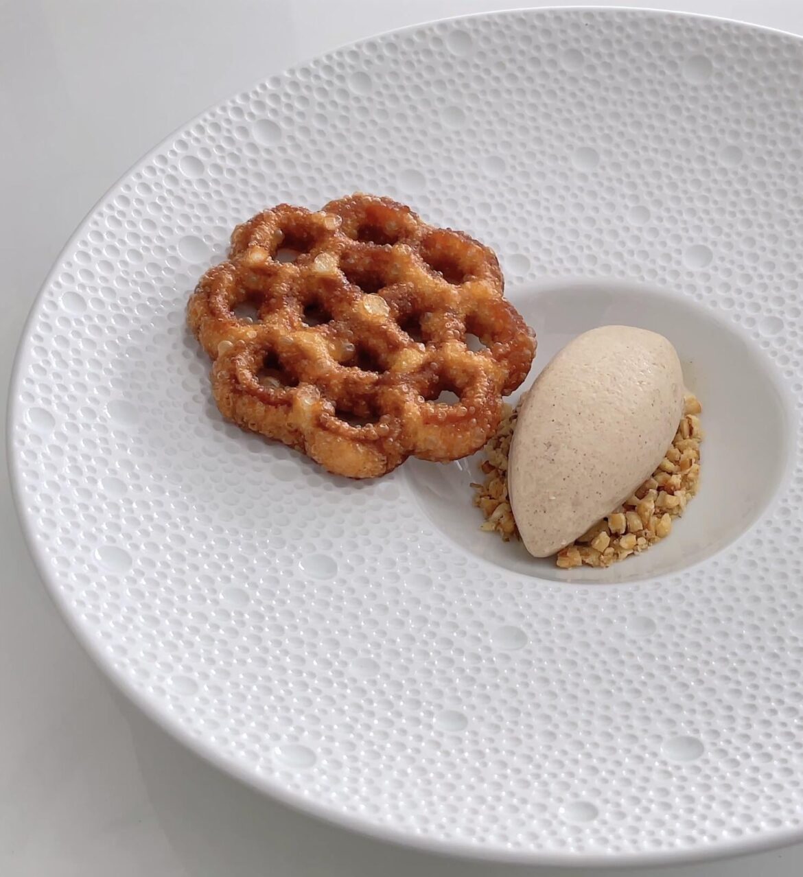 Buñuelos filled with Applesauce, Cinnamon Ice Cream & Roasted Walnuts