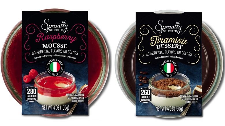 Packages of Aldi's raspberry mousse and tiramisu desserts