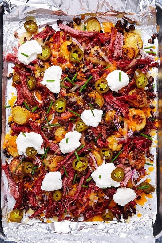 st patricks day nachos with corned beef