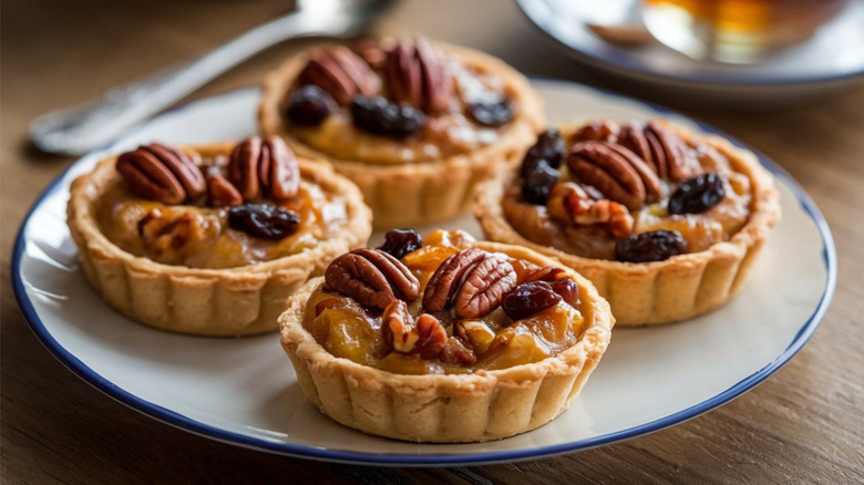 Butter tarts with nuts and raisins on a plate