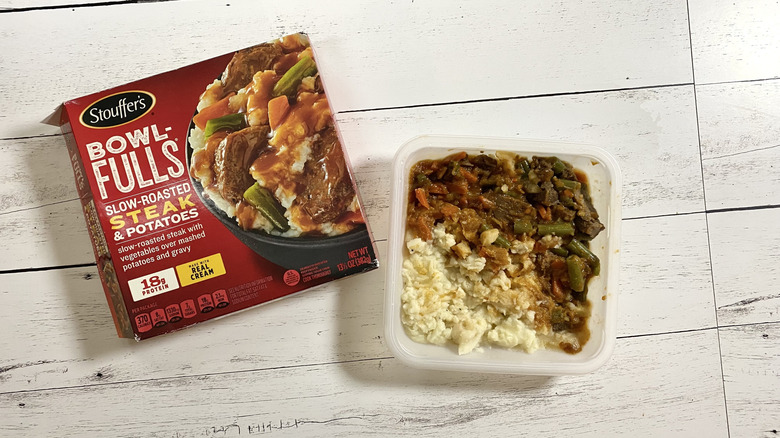 The box and tray of Stouffer's Bowl-Fulls Slow-Roasted Steak & Potatoes