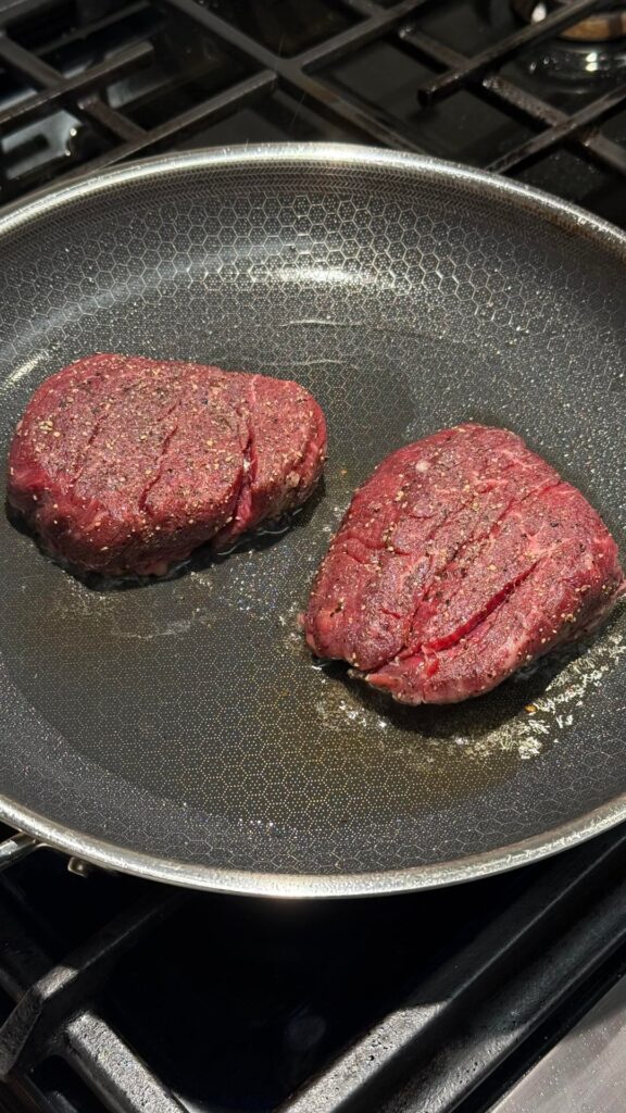 Filet with pasta and brussels sprouts