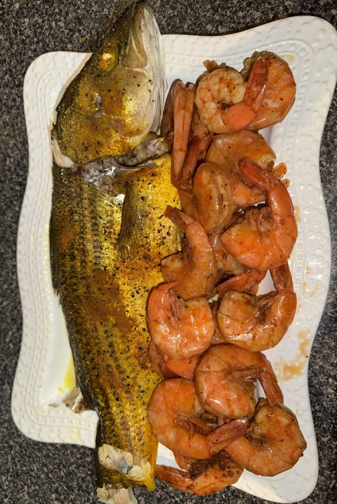 Baked fish and steamed shrimp.