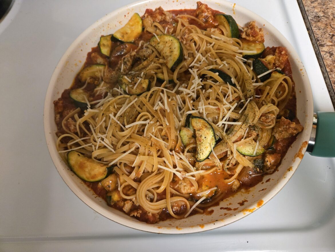 Chicken Sausage Linguine Bolognese with Zucchini & Parmesan