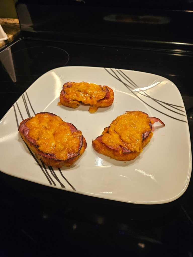 Frozen hashbrown, pasta sauce, salami, cheese.