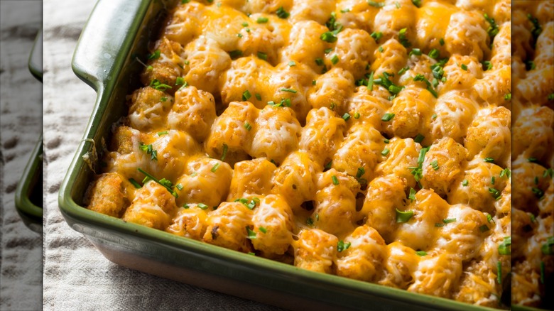 Homemade Tater Tot Hotdish Casserole with Beef and Cheese
