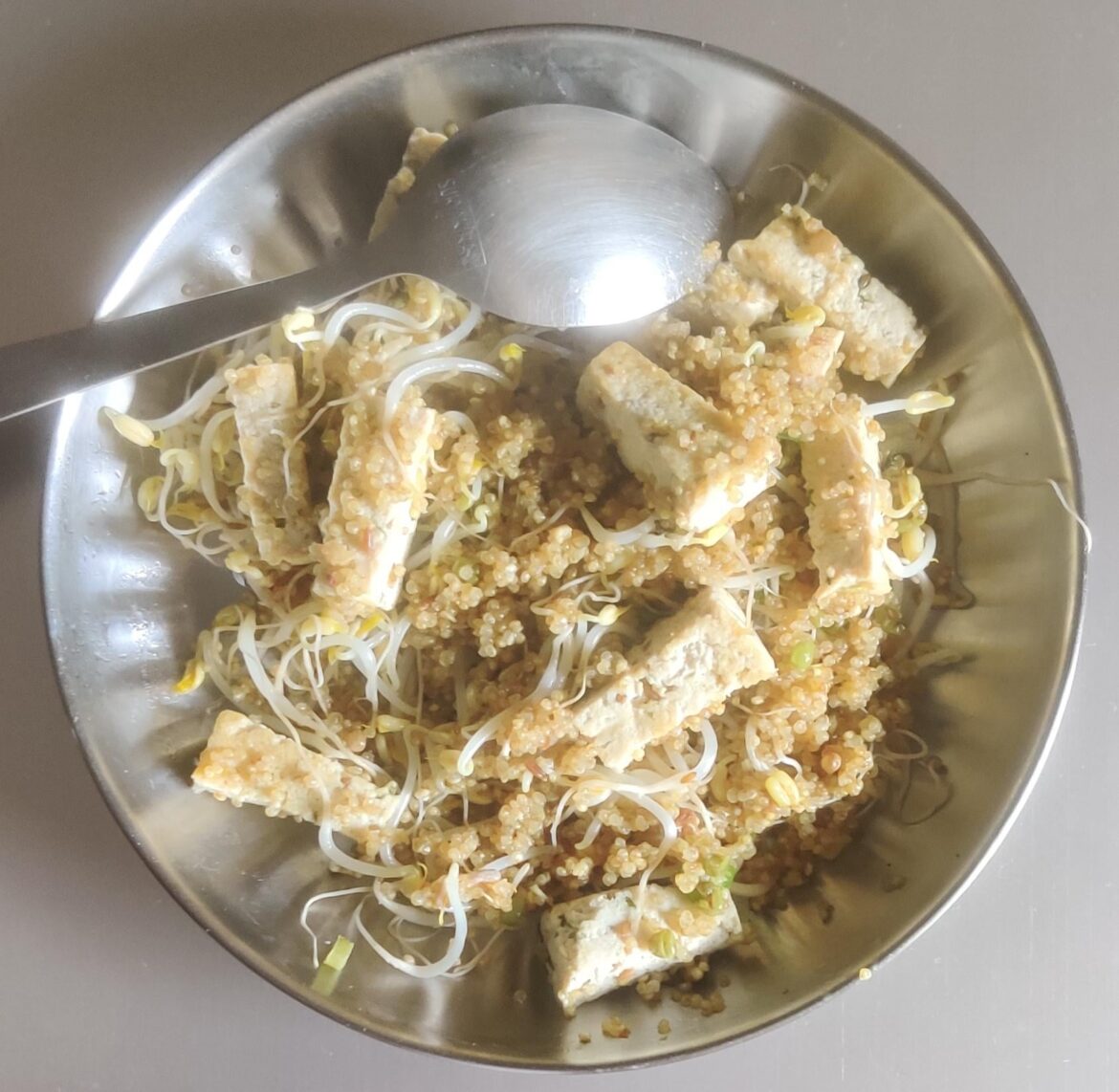 My breakfast today - Quinoa upma made with tofu and sprouts