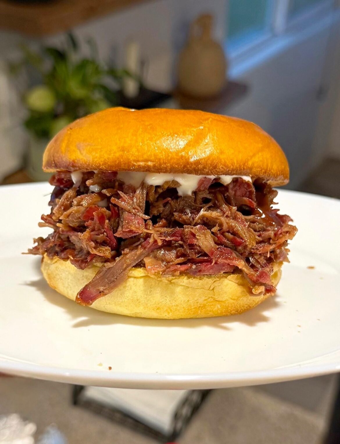 Smoked and braised pulled beef with horseradish and bbq sauce.