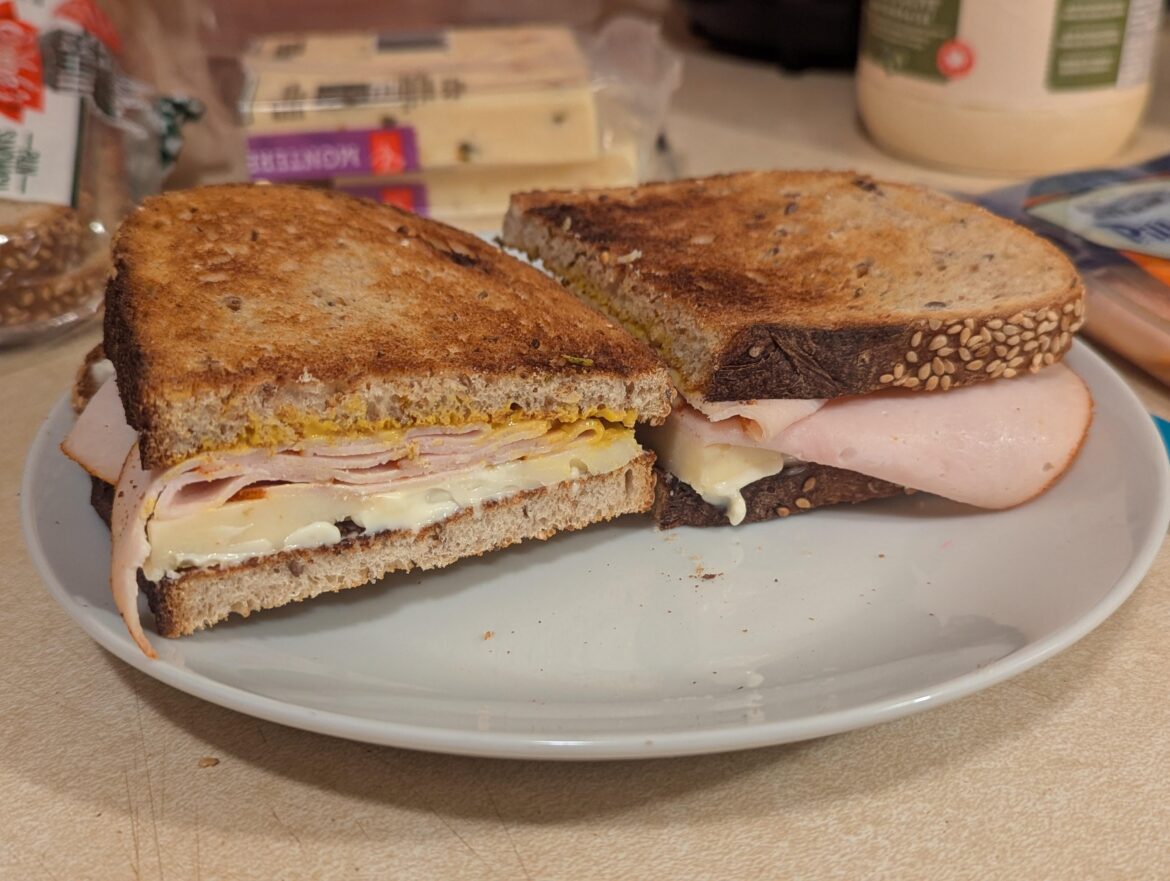 Deli chicken and monterey jack, on toasted rye.