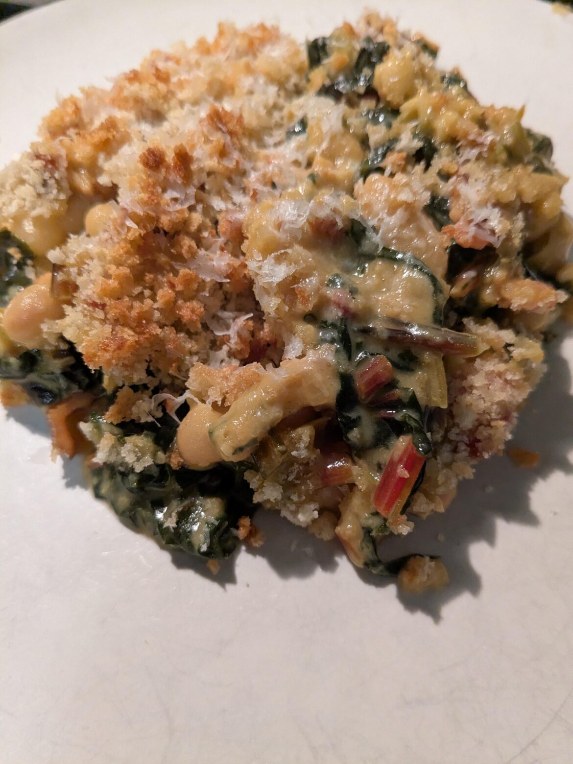 Creamed Rainbow Chard with Cannelini Beans, Bacon, and Shallots