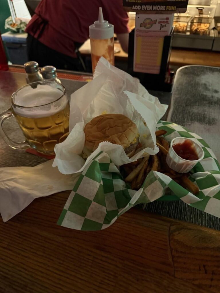 A burger, fries, and a 12oz beer for $7.50