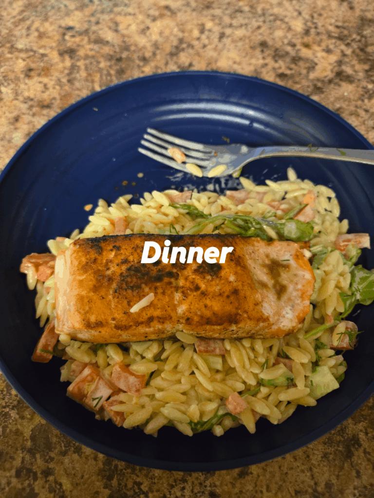 Tunisian-Spiced Salmon with Orzo Salad plus Arugula, Cucumber, Tomato & Lemon Garlic Yogurt Sauce